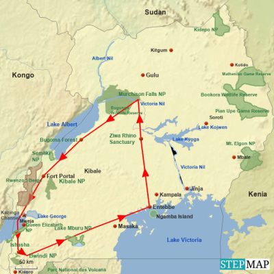 Best of Uganda - Selbstfahrer Reise in Uganda *Neu* Routemap