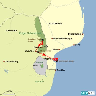 Big Five Safari im Krüger Park & Badespaß in Mozambique *Neu* Routemap