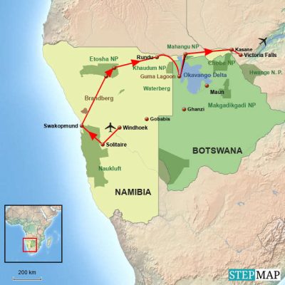 Das Beste von Namibias Norden, Caprivi, Okavango Delta, Chobe und Victoria Falls Routemap