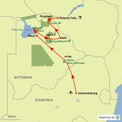 Die Wilden Parks Botswanas Routemap