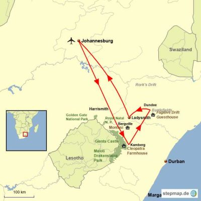 Drakensberge, Battlefields & Big Five Safari Routemap