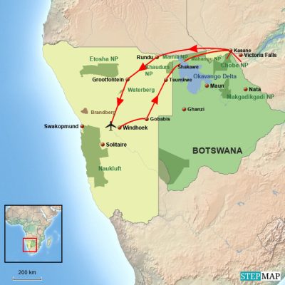 Exotisches Namibia: Uriges Buschmannland mit Kaudom NP.Okavango, Chobe N. P. Victoria Falls und National Parks in der Zambezi Region Routemap