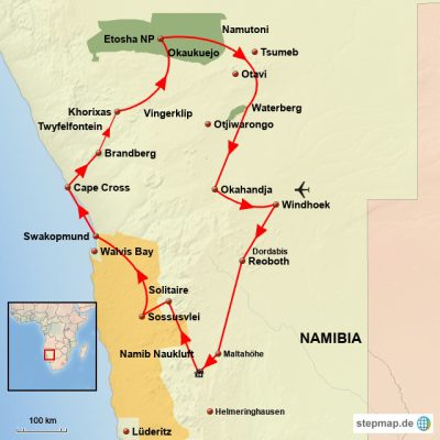 Familiensafari in Namibia Routemap