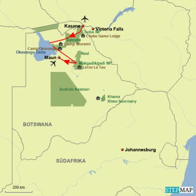 Flitterwochen mit Desert & Delta Safaris Routemap