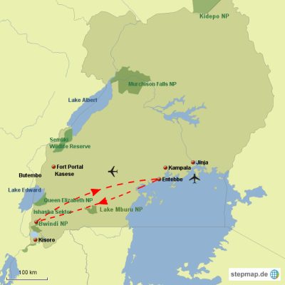 Flugsafari zu den Gorillas in Uganda Routemap