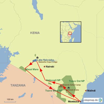 Große Kenia Lodge Safari Routemap
