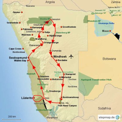 Große Namibia Rundreise Routemap
