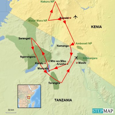 Höhepunkte Kenias & Tanzanias *Neu* Routemap