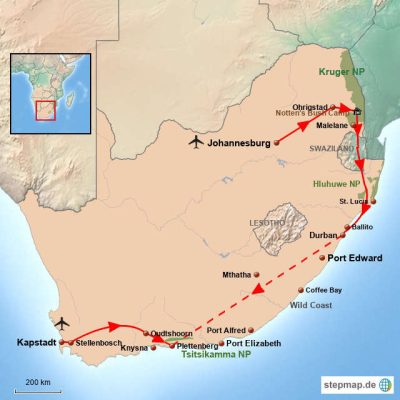 Klassische Südafrika Reise Routemap