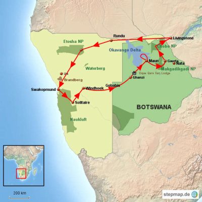 Namibia & Botswana Rundreise Routemap