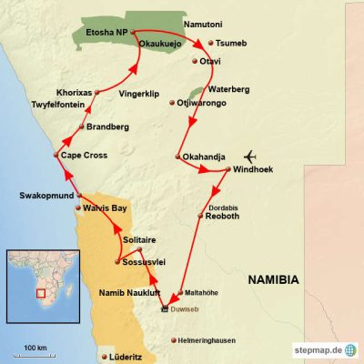Namibia in Gästefarmen Routemap