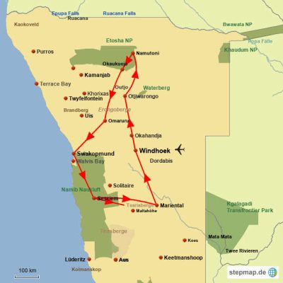 Namibia mit Kindern Routemap