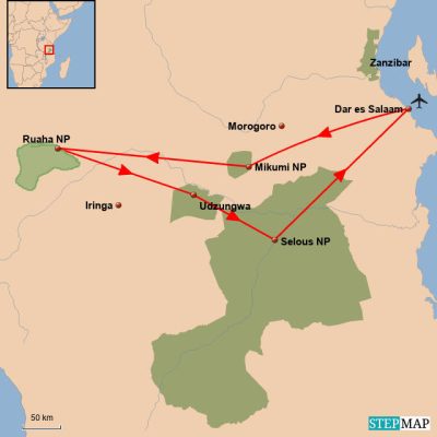 Safari & Kultur im Süden Tanzanias Routemap