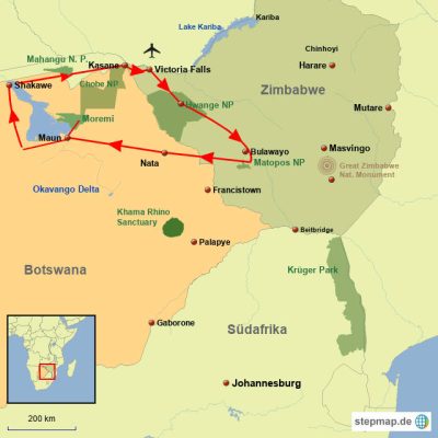 Safarierlebnisse in Botswana & Zimbabwe *Neu* Routemap
