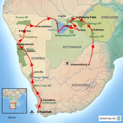 Von Kapstadt über Namibia, Victoria Falls, Hwange & Matopops zurück nach Johannesburg - Stepmap